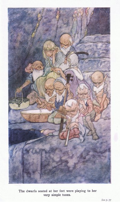 The dwarfs seated at her feet were playing to her very simple tunes by Charles Robinson